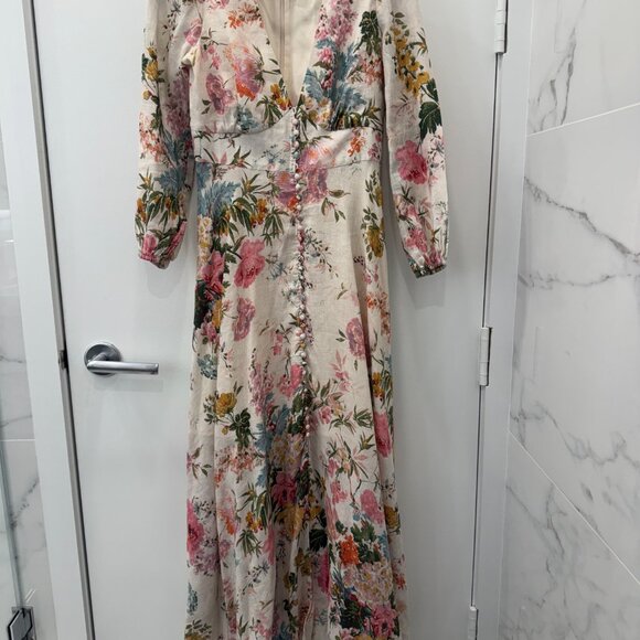 Zimmermann Cream Floral Print Long Sleeve Linen Maxi Dress 2 AU/ 8 US - Picture 6 of 10